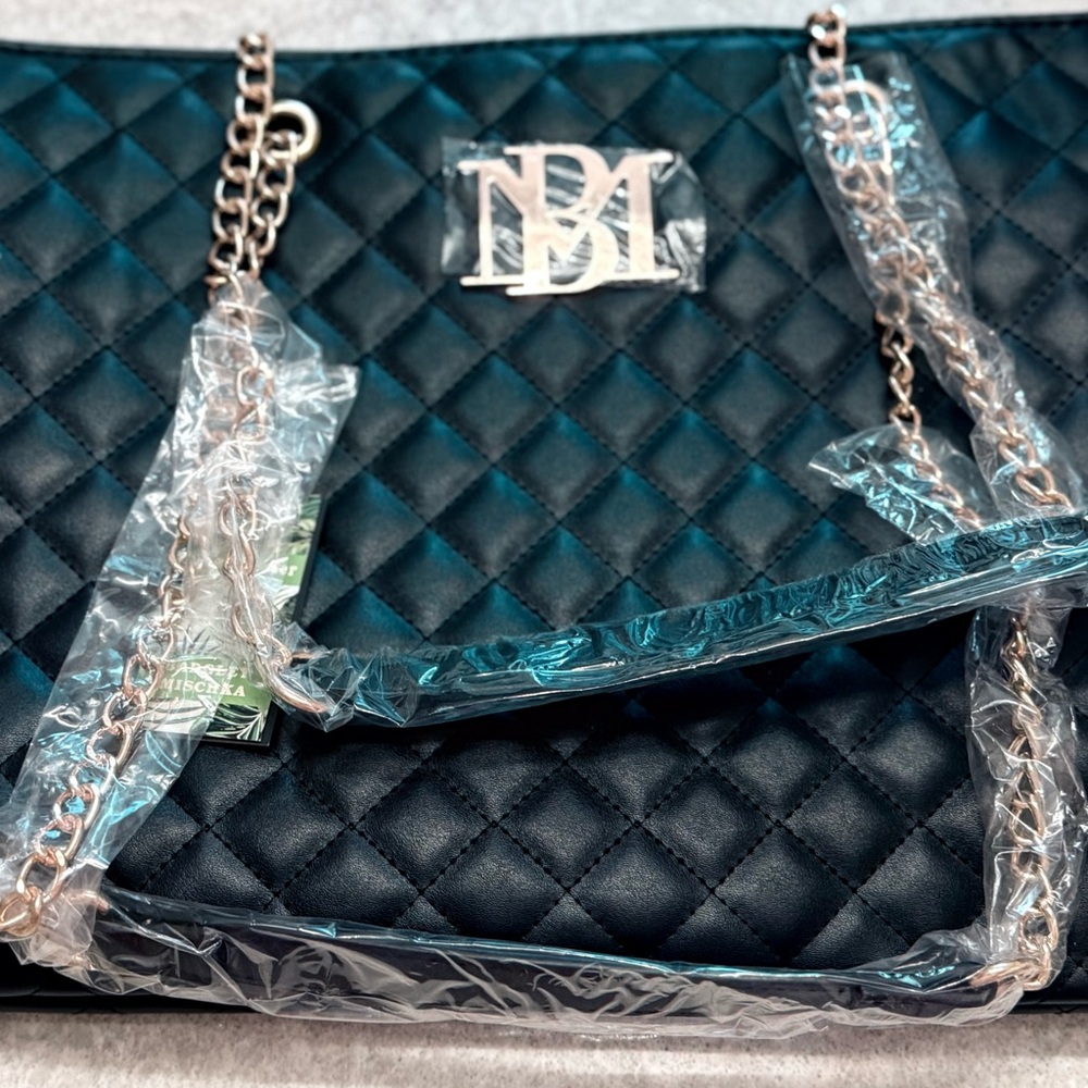 Badgley Mischka Black Quilted Chain Strap Tote Bag NWT